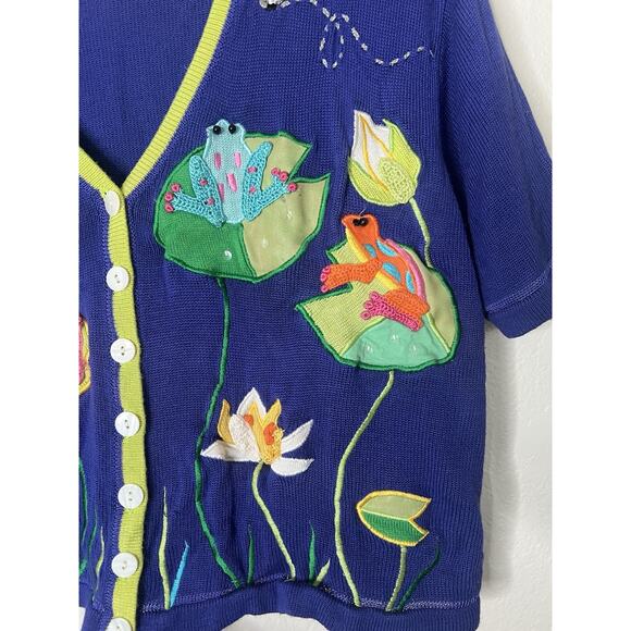 Vintage Berek Frog Floral Applique Button Up Cardigan Top Size Large - Picture 4 of 6